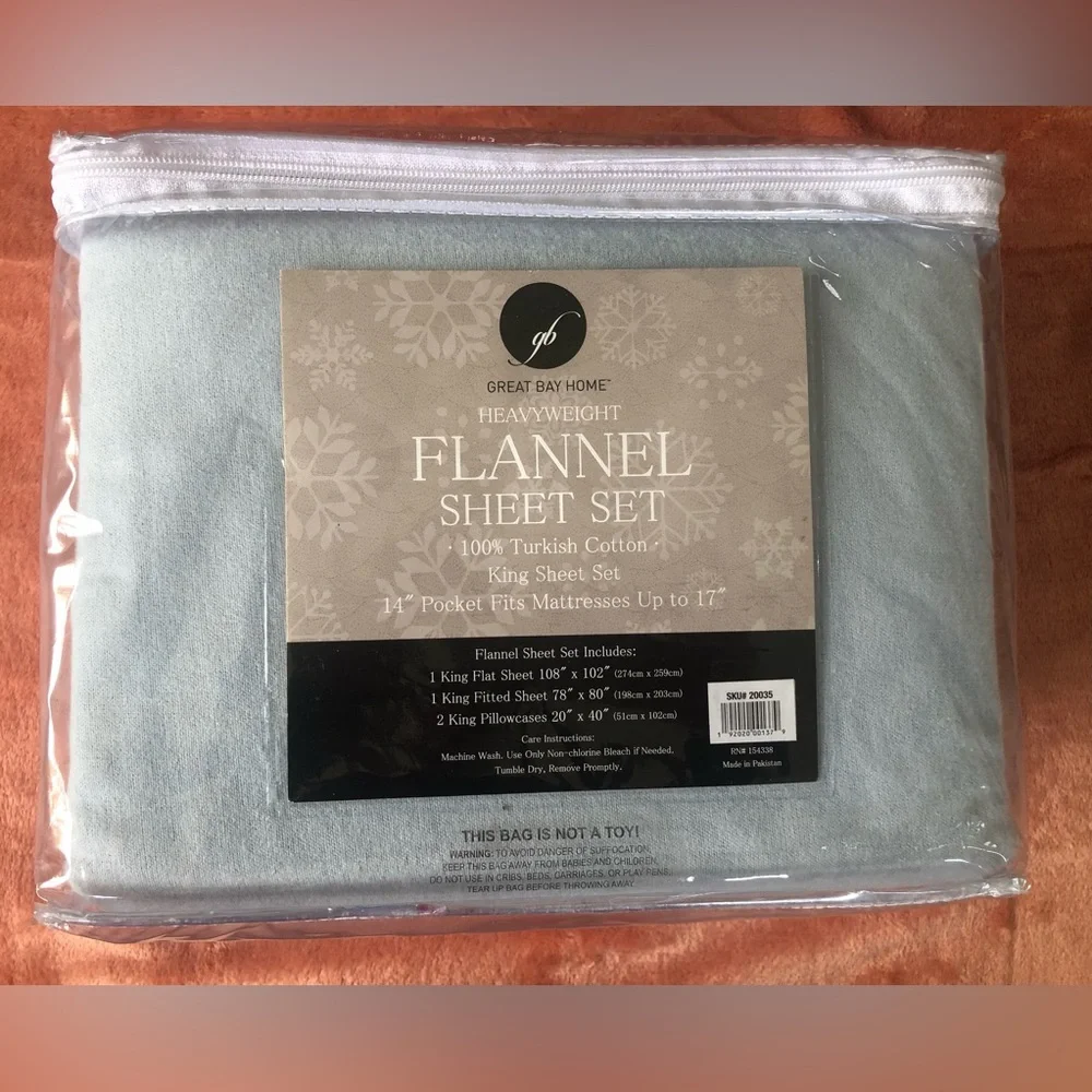 FLAT KING SHEET ONLY Great Bay Home Flannel Pearl Blue 100% Turkish Cotton NEW